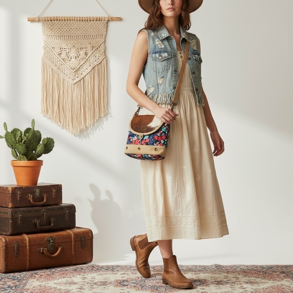 MYRA‎ Bag Cross Body Floral Cowhide Leather Calf Hair Handcrafted Bag
